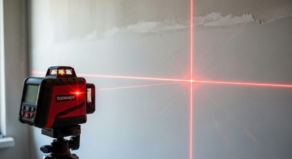 Nível digital de precisão exibindo leitura eletrônica em superfície metálica nivelada.