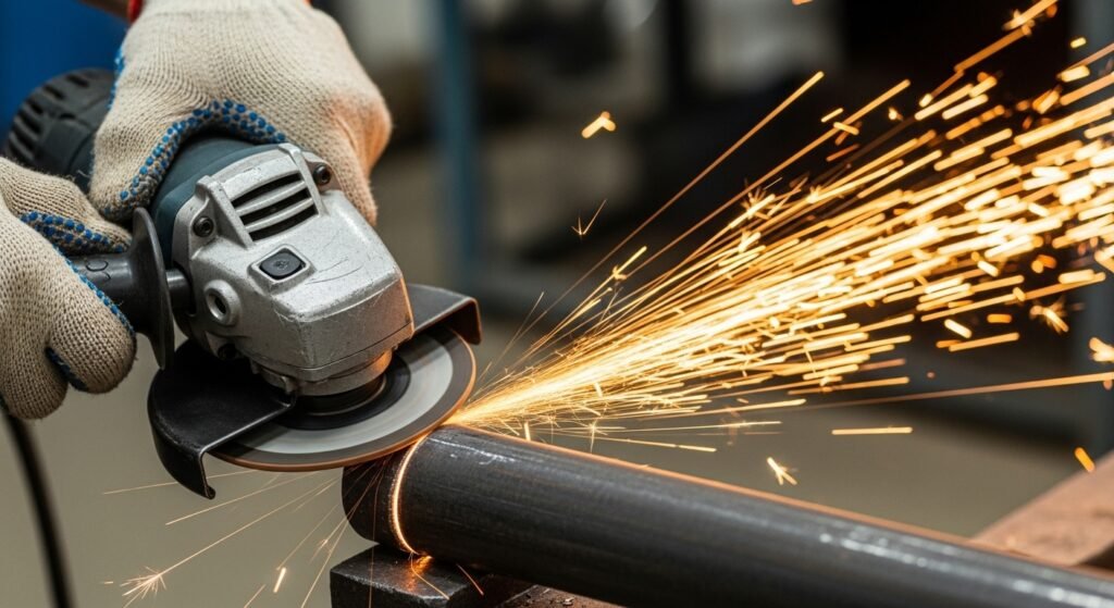 Esmerilhadeira angular em uso cortando metal