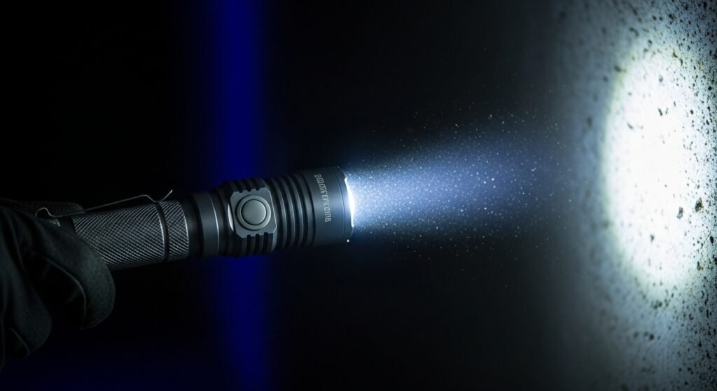 Lanterna tática de LED iluminando área de trabalho