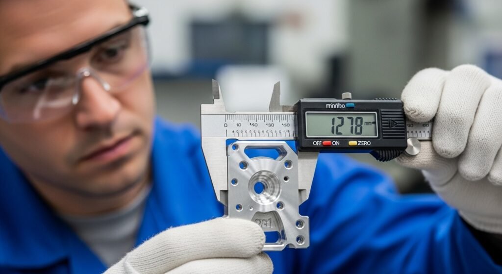 Conjunto de ferramentas de medição profissional com trena, paquímetro e nível sobre bancada de oficina.