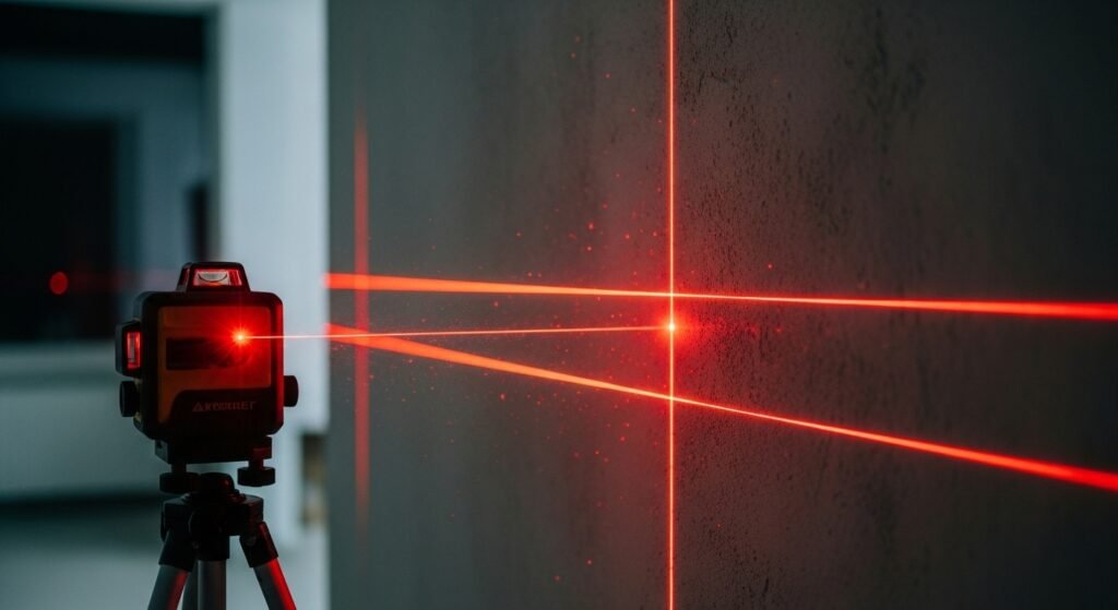 Nível a laser projetando linhas cruzadas de alinhamento em parede para uso profissional