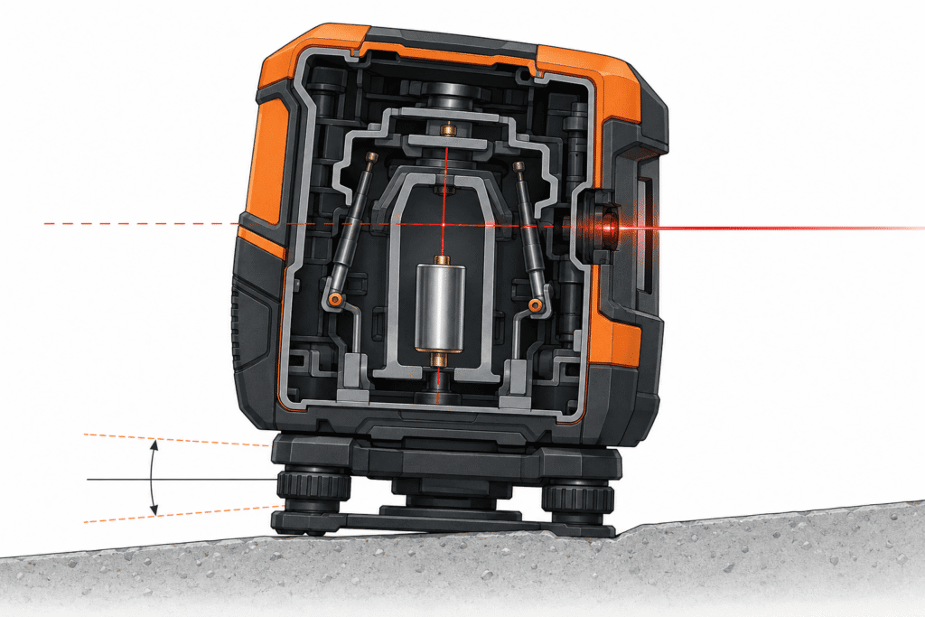 Corte técnico do mecanismo interno de um nível a laser mostrando o pêndulo autonivelante e a faixa de compensação angular