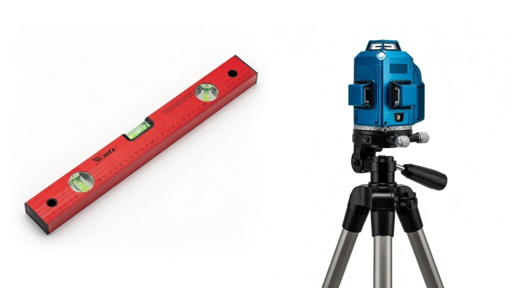 Comparação entre nível de bolha tradicional e nível a laser profissional montado em tripé