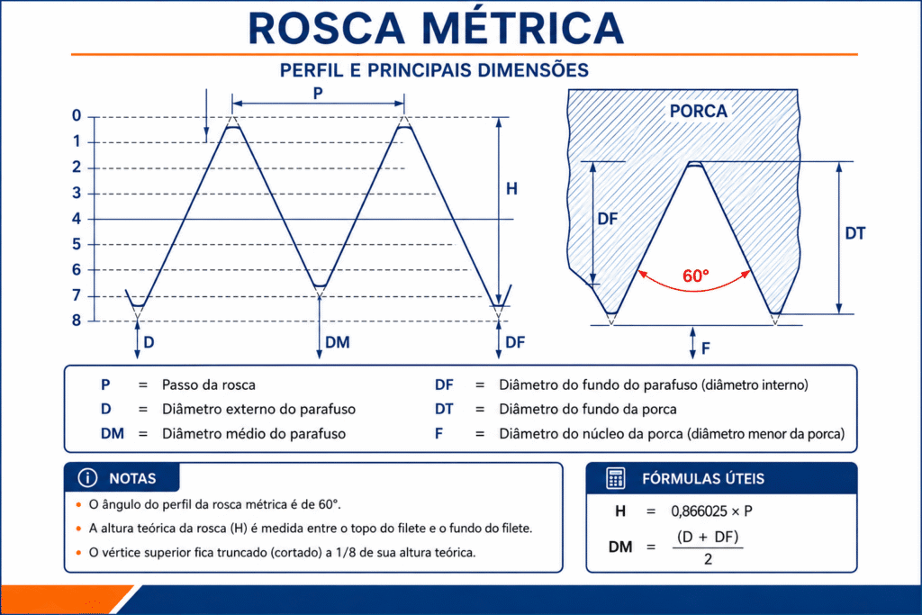 Perfil técnico de rosca métrica ISO mostrando diâmetro externo, diâmetro médio, diâmetro de fundo e passo