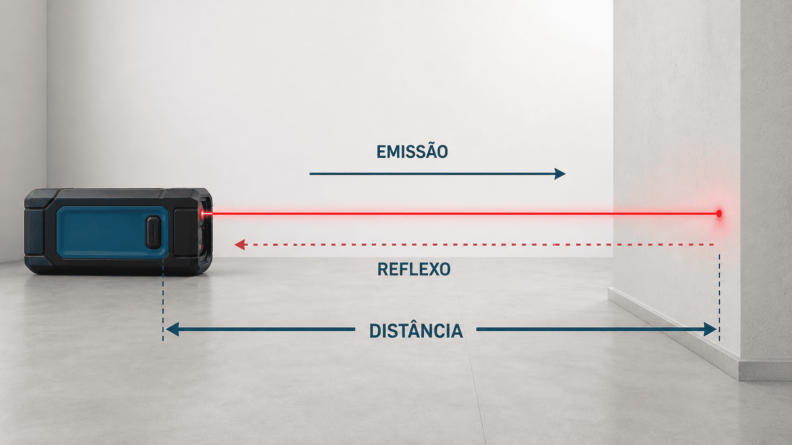 Como funciona uma trena laser: emissão, reflexão e cálculo da distância