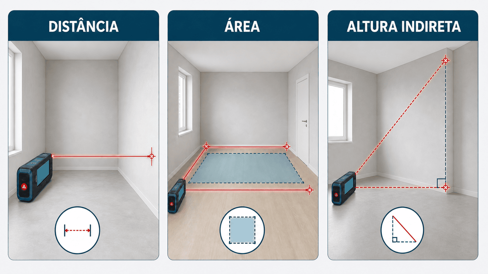 Como usar trena laser para medir distância, área e altura indireta com triângulo retângulo