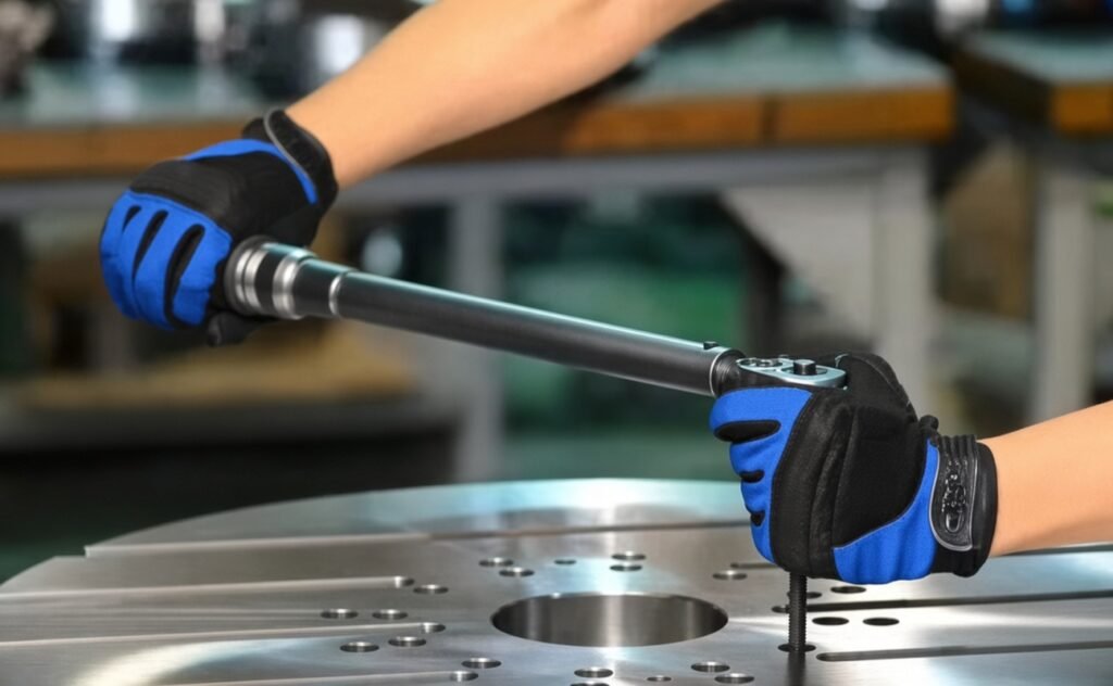 Duas mãos calçando luvas de segurança pretas e azuis seguram e operam um torquímetro de estalo sobre uma placa de metal circular com múltiplos orifícios em um ambiente industrial. Uma mão segura o cabo e a outra apoia a cabeça da ferramenta sobre um parafuso.
